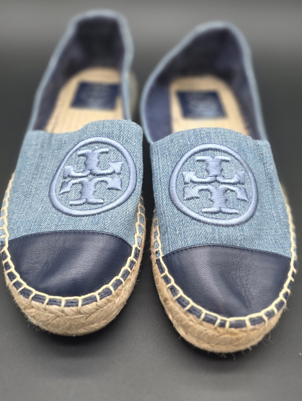 Tory Burch Benton Slip-On Platform Espadrilles in denim logo-embroidered Sz7 - Picture 2 of 7